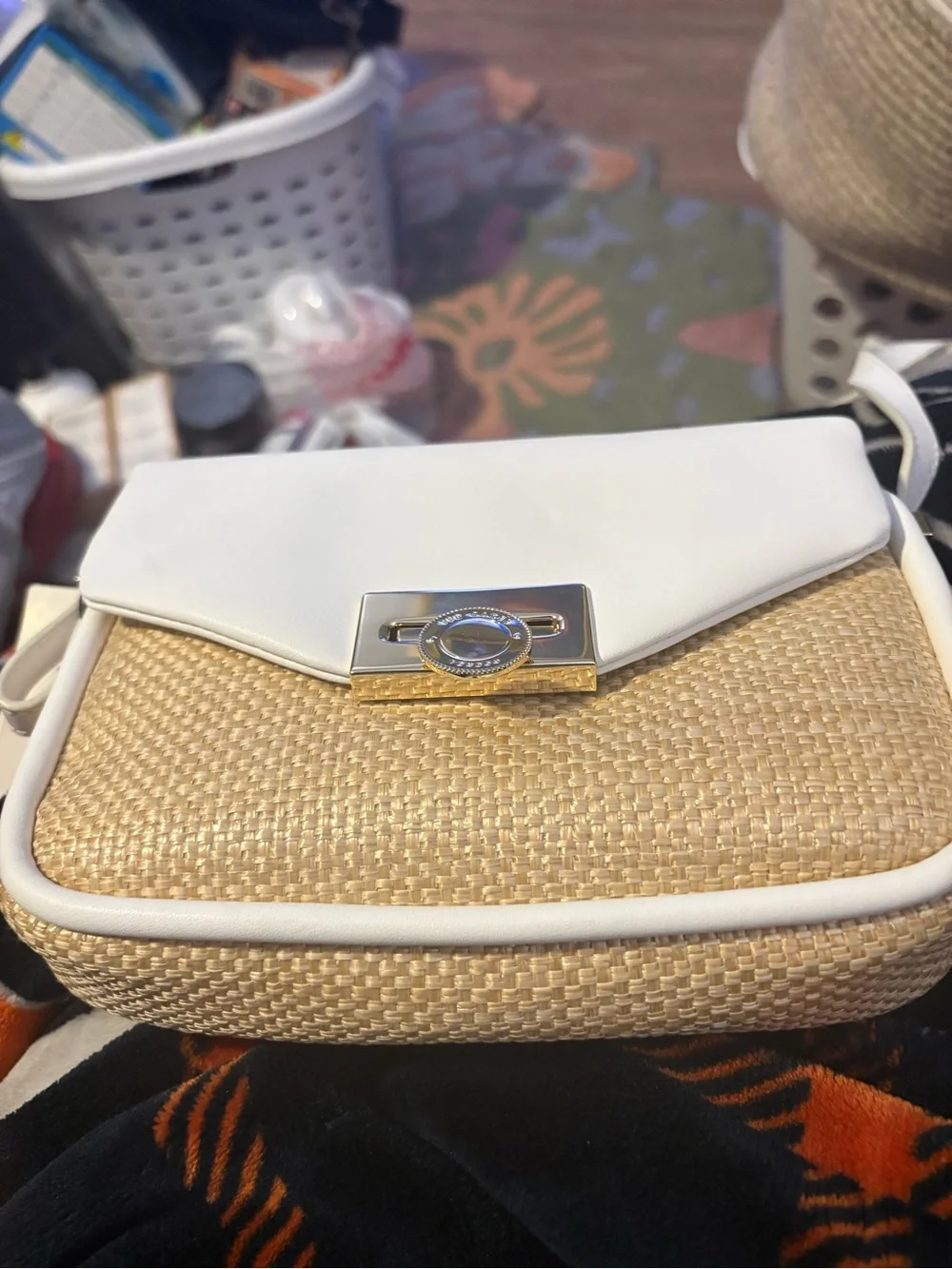 Ted Baker London White and Natural Woven Flap Crossbody